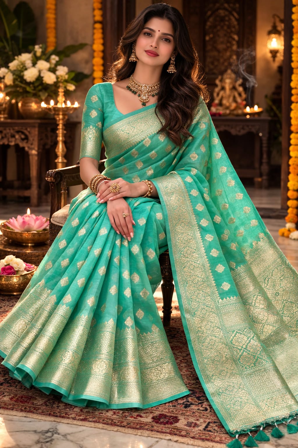 Banarasi silk saree with green and golden zari work.boti pattern with pallu and elegant boota weaving blouse piece.