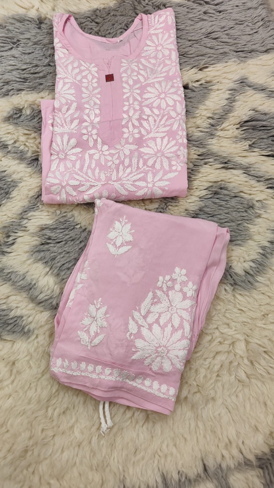Chikankari rayon plazzo set pink colour